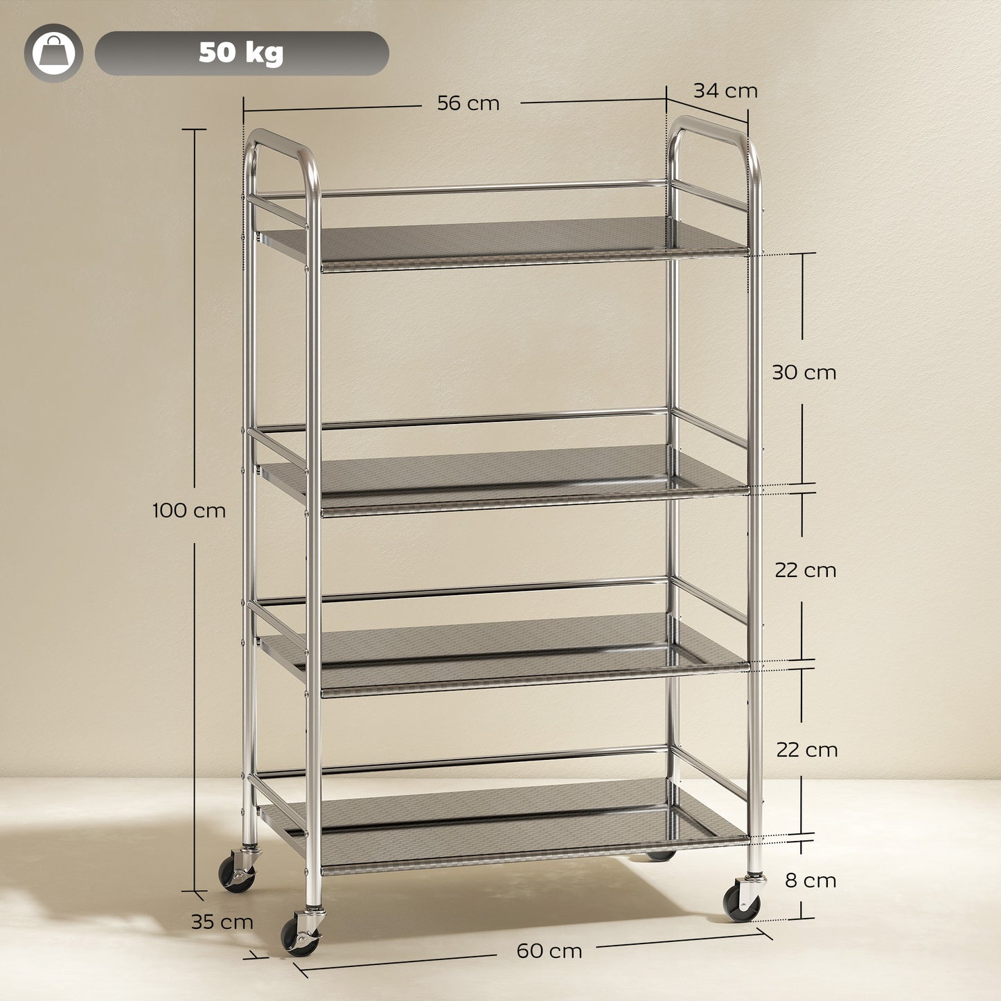4 Tier Stainless Steel Kitchen Storage Trolley with Adjustable Shelves - Silver