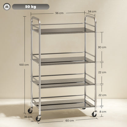 4 Tier Stainless Steel Kitchen Storage Trolley with Adjustable Shelves - Silver