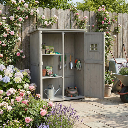 Wooden Garden Shed with Two Windows, Tool Storage Cabinet, Outdoor Double Door Organizer 127.5L x 50W x 164H cm, Grey