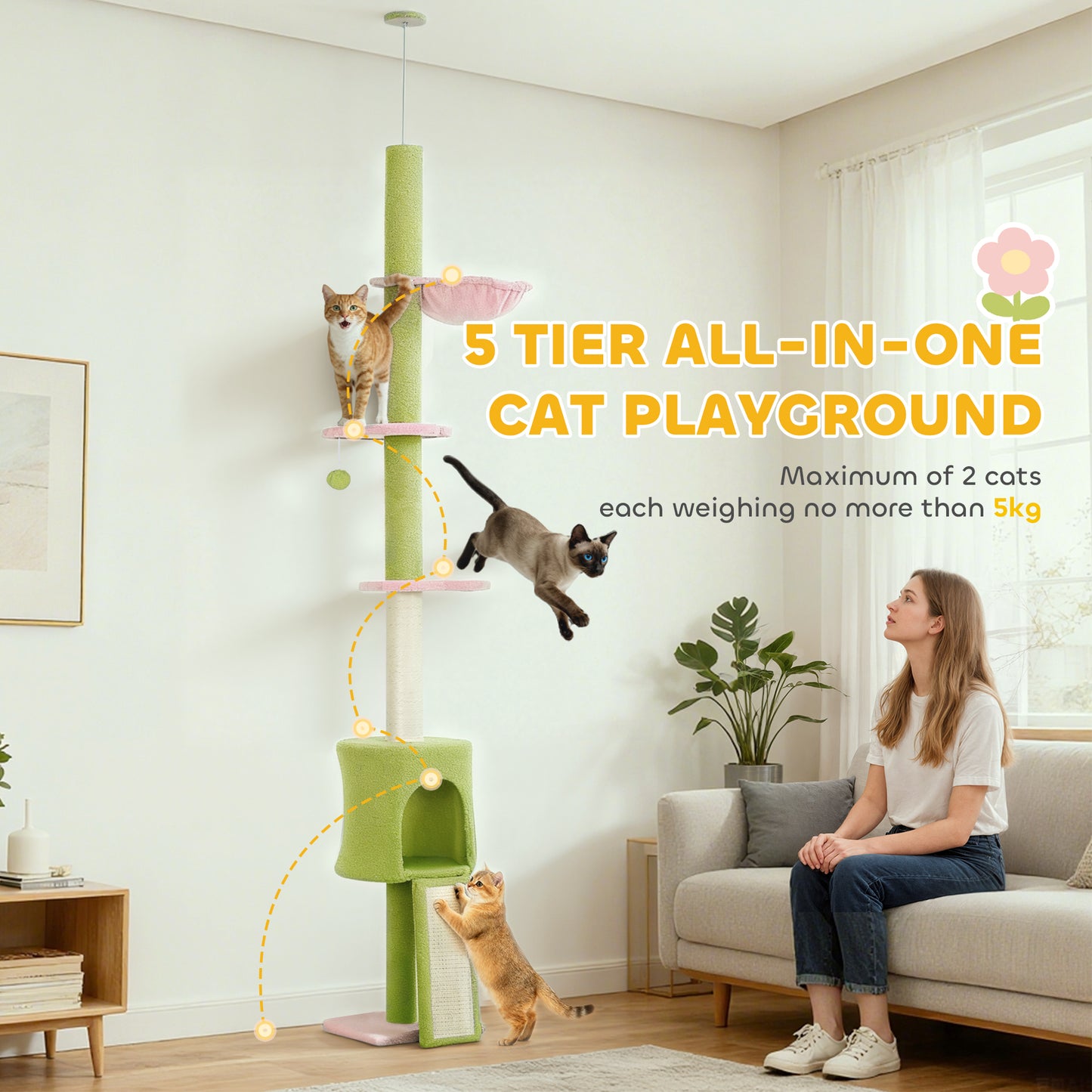 220-240 cm Floor to Ceiling Cat Tree Adjustable Height with Hammock, Condo, Scratching Posts, Green