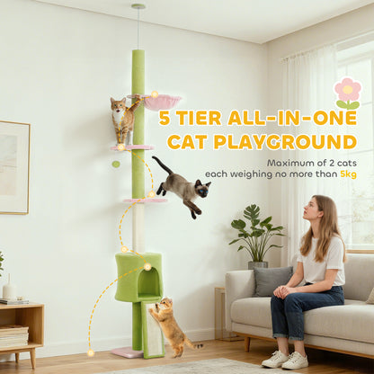 220-240 cm Floor to Ceiling Cat Tree Adjustable Height with Hammock, Condo, Scratching Posts, Green