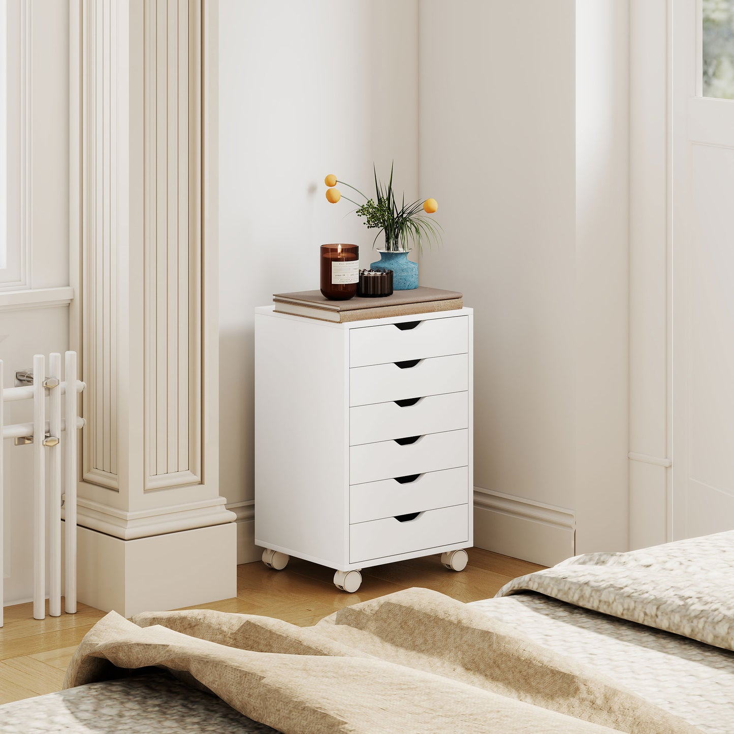6 Drawer Vertical File Cabinet, Mobile Filing Cabinet with Quiet Drawers and Wheels with 2 Brakes, White