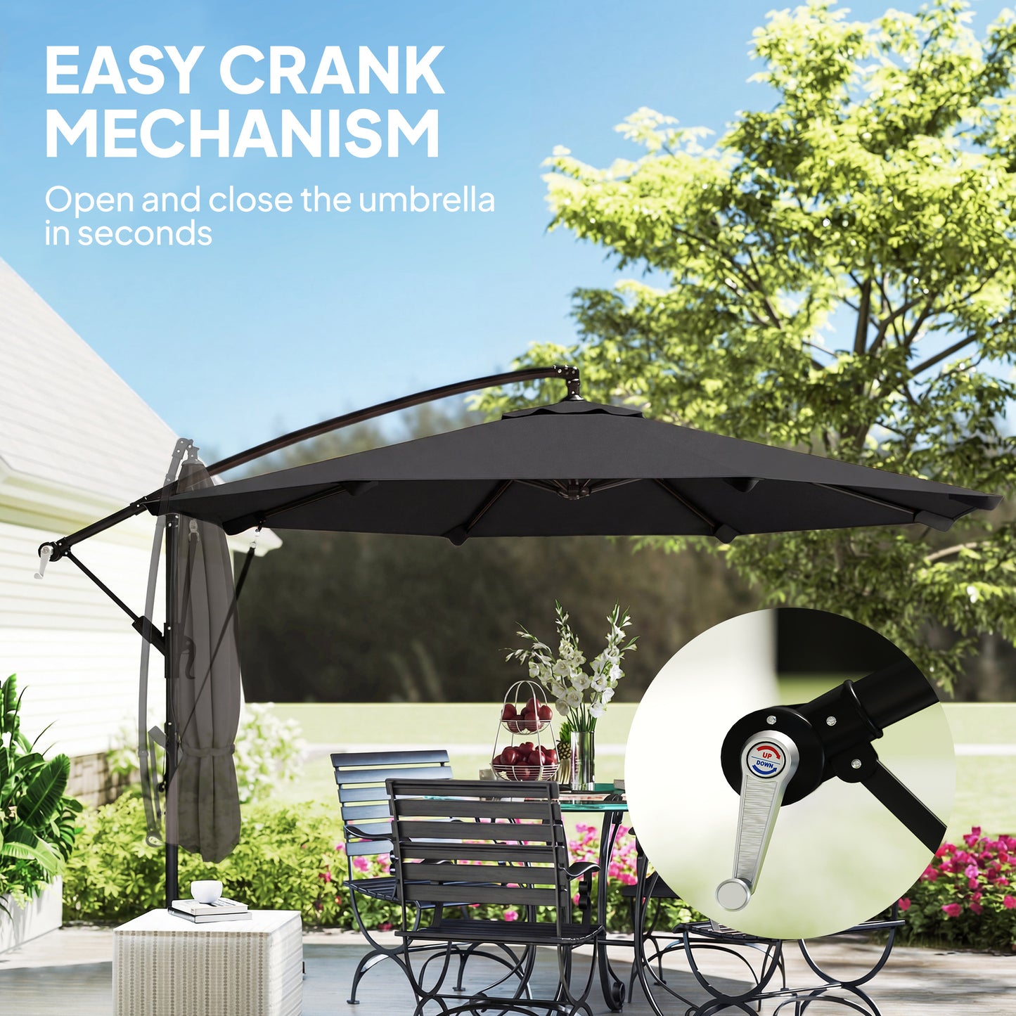 3 m Cantilever Parasol with Protective Cover and Wind Ropes, Banana Parasol with Crank Handle, Black