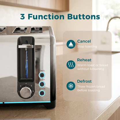 4 Slice Toaster with 7 Browning Levels, Reheat, Defrost and Cancel Functions