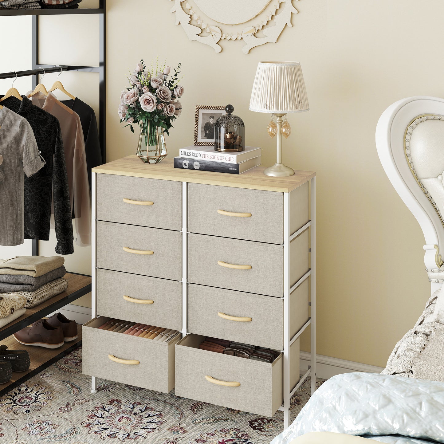 Fabric Chest of Drawers, Industrial Bedroom Dresser with 8 Fabric Drawers, Steel Frame and Wooden Top for Nursery
