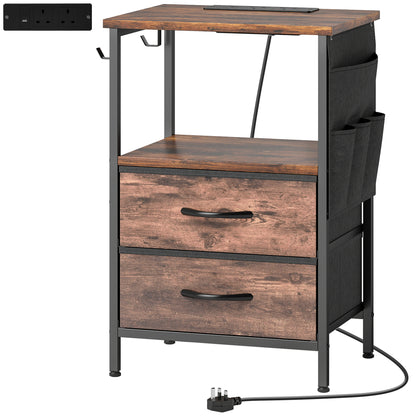 Bedside Table with Charging Station - Rustic Brown