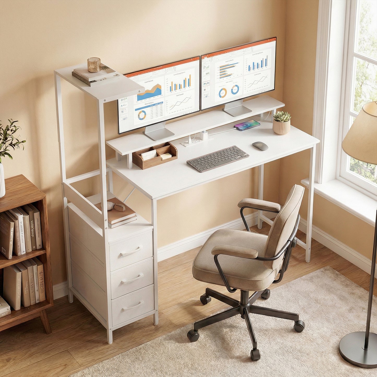 147cm Gaming Desk with Charging Station and Monitor Stand, Computer Table for Home Office with RGB Lights, White
