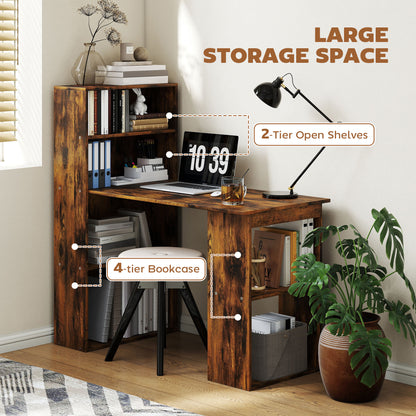 120cm Computer Desk, Wooden PC Laptop Table with 6-Tier Storage Bookshelves, Home Office Working Study Desk