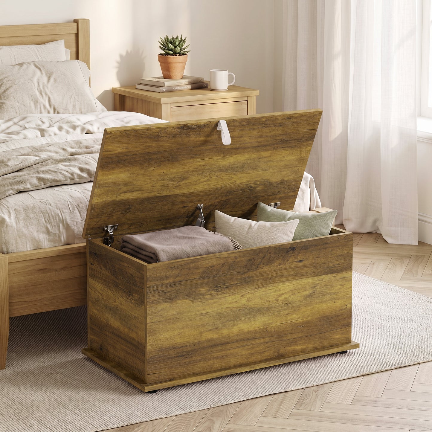 Storage Chest, 102L Blanket Box, Shoe Bench Safety Hinged Lid, Bed End Bench for Bedroom, 80 x 40 x 45cm, Brown