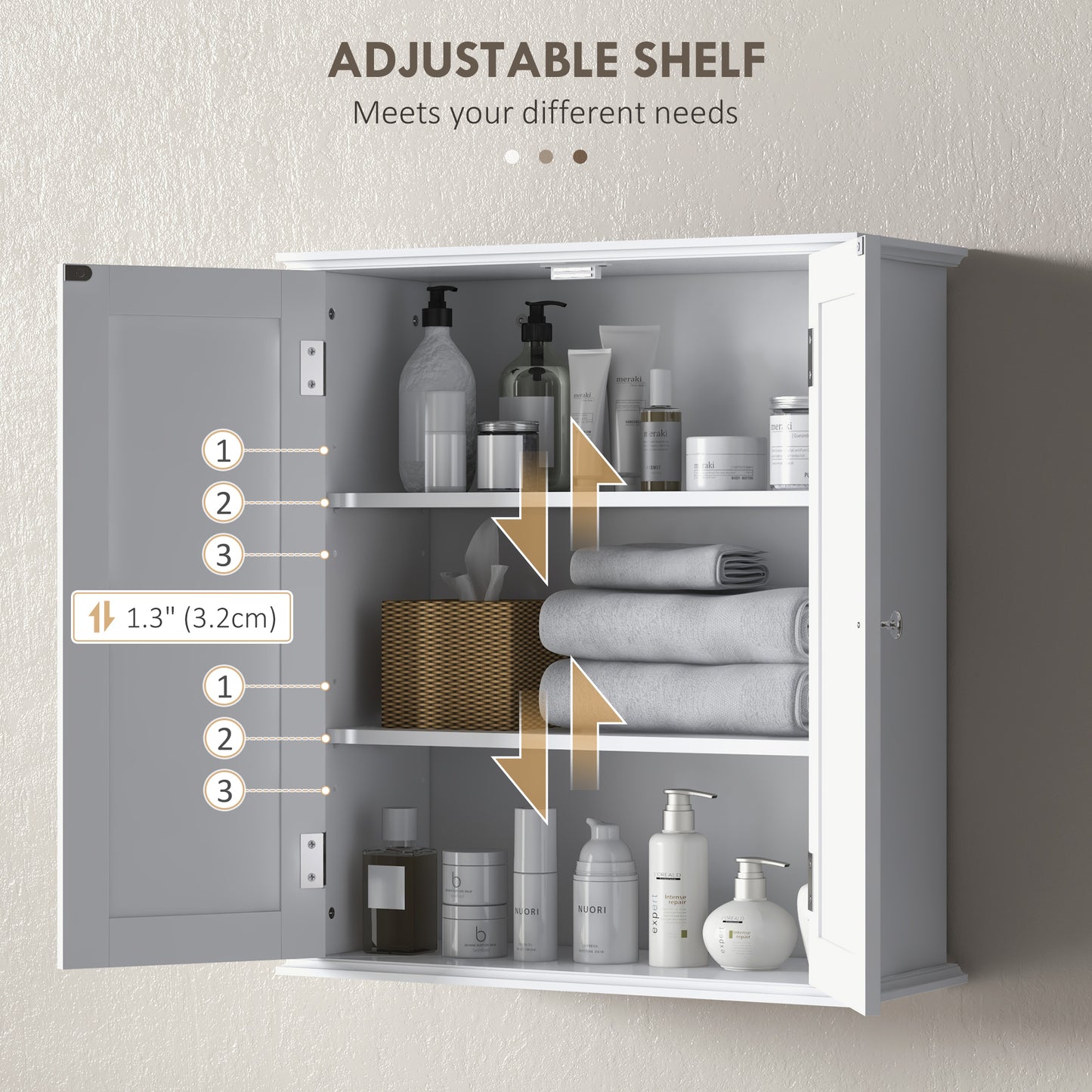 Bathroom Wall Cabinet, 3-Tier Wall-Mounted Bathroom Storage Cabinet with Adjustable Shelf, White