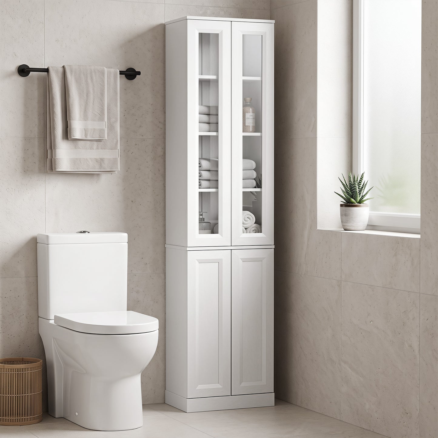 Tall Bathroom Storage Cabinet, 6-Tier Slim Bathroom Cabinet with Adjustable Shelf, 4 Soft-Close Doors, White