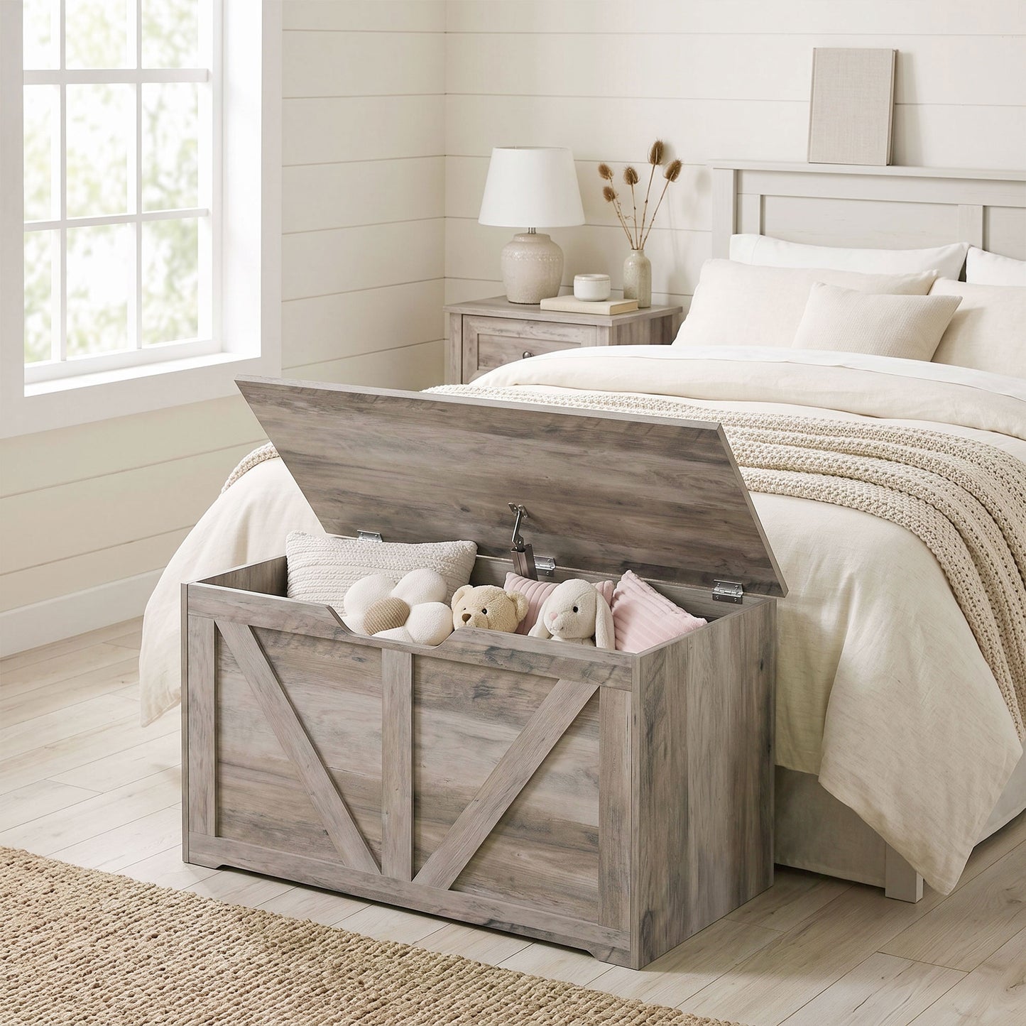 100L Home Storage Box, with Safety Hinge - Grey Wood-Effect