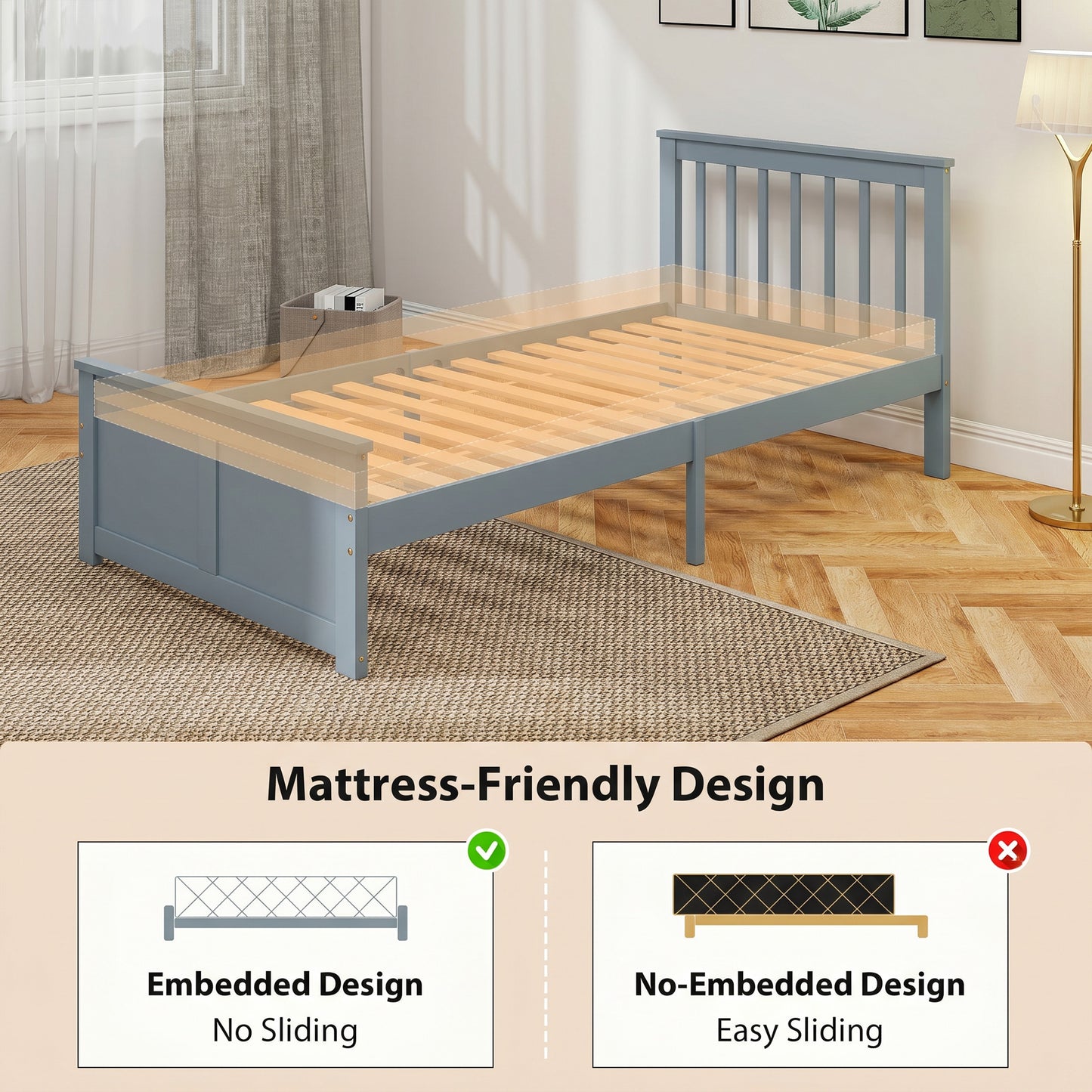 Pine Storage Bed, 3ft Single Solid Wooden Bed Frame with Drawers, Headboard, Wood Slat Support, Grey