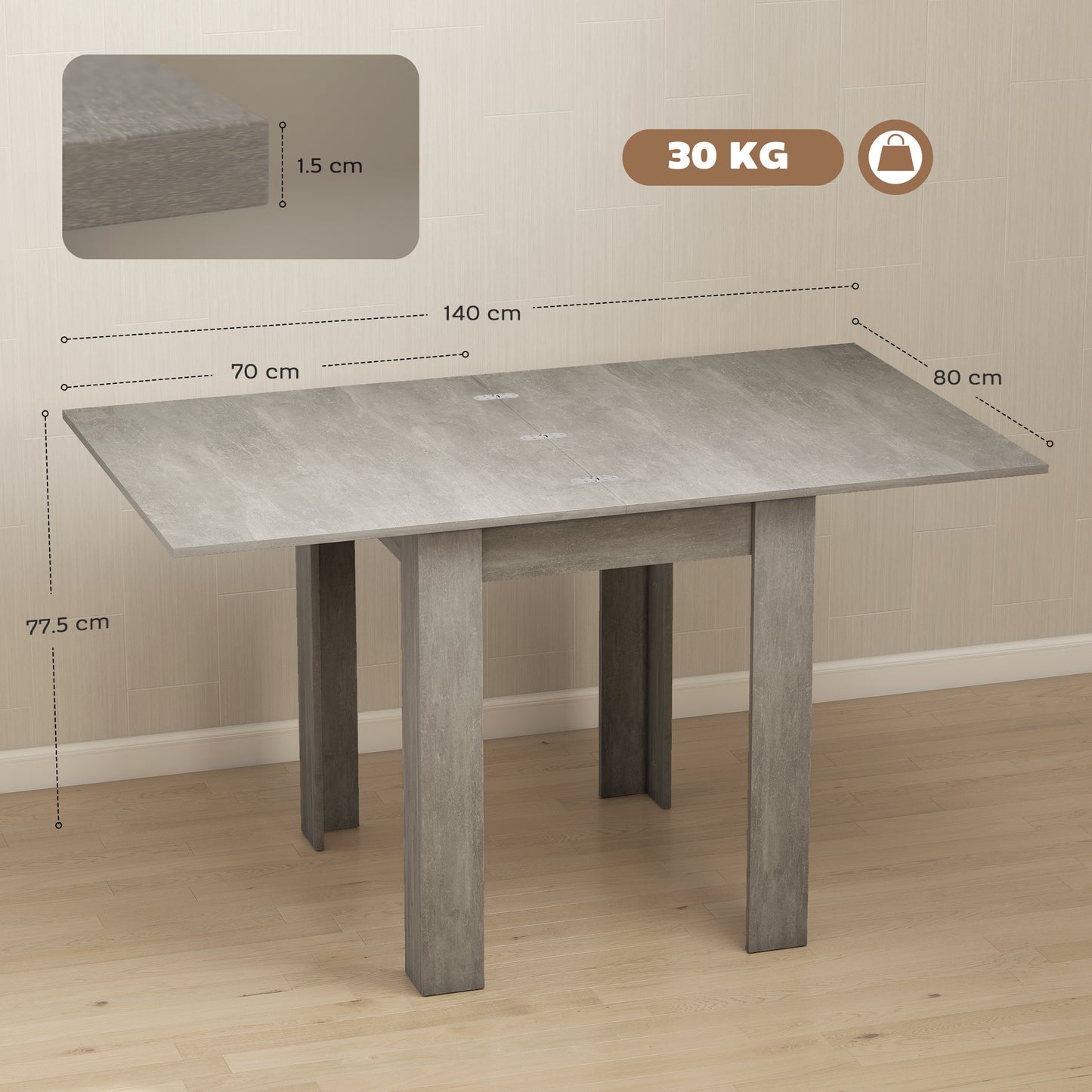 Folding Dining Table for 4-6, Rectangular Extendable Drop Leaf Table for Small Spaces, 140 x 80 x 77.5 cm, Grey