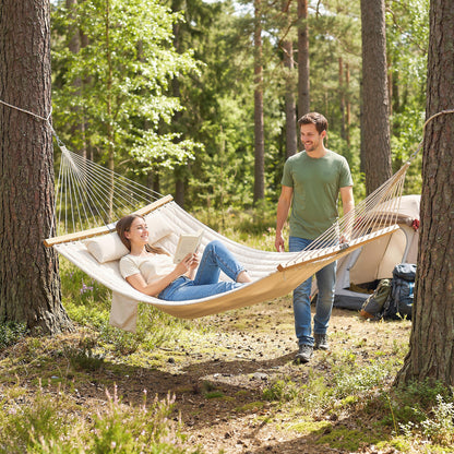 Double Hammock 2 Person Swing Bed with Spreader Bars, Pillows, Pad, 200 x 140cm, Cream White
