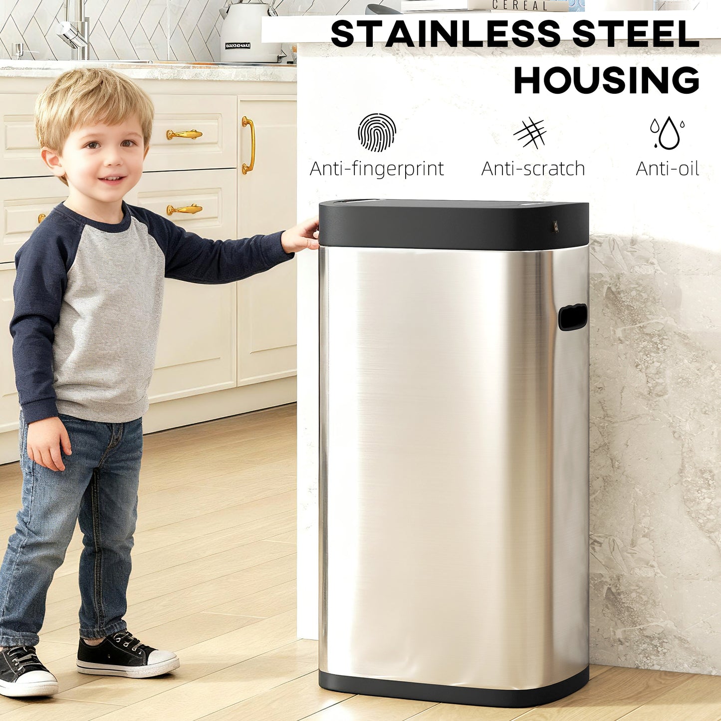 50L Sensor Bin, Automatic Kitchen Bin, Manual Override, Battery Operated, Inner-Bucket-Free, for Kitchen, Bedroom