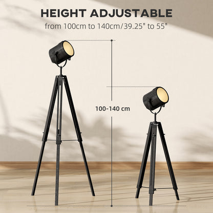Industrial Tripod Floor Lamp, Nautical Searchlight with Adjustable Height, Wood Legs, E14 Lamp Base for Living Room, Bedroom