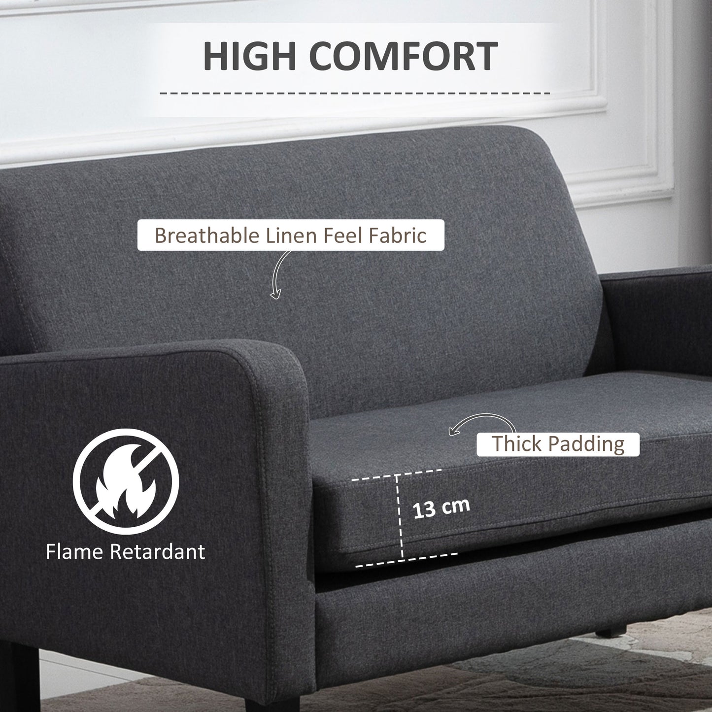 Linen Modern-Curved 2-Seat Sofa Loveseat w/ Thick Cushion Wood Legs Foot Pads Single Compact Home Furniture Grey