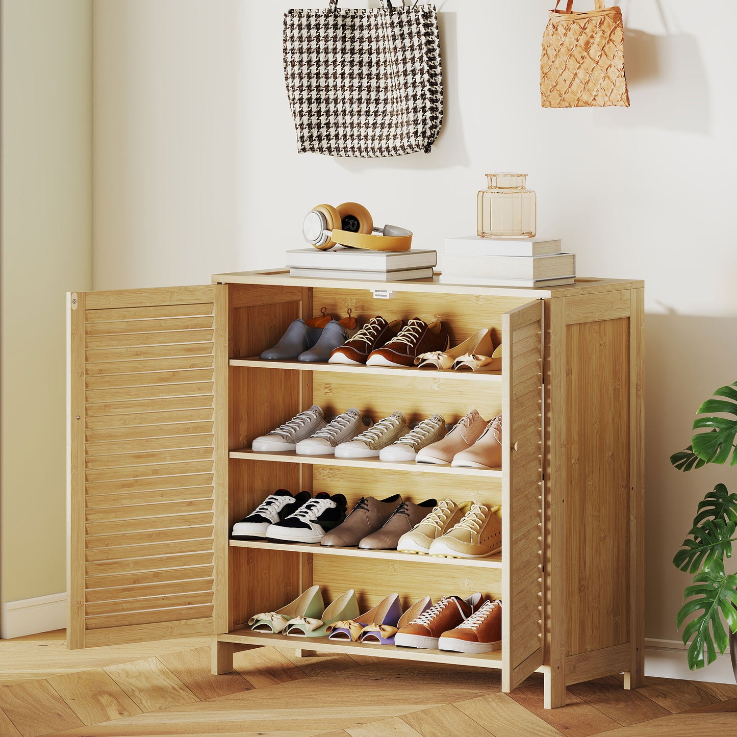 Bamboo Shoe Cabinet with Louvered Doors, 14 Pairs Shoe Storage Cabinet with Adjustable Shelves for Hallway, Natural