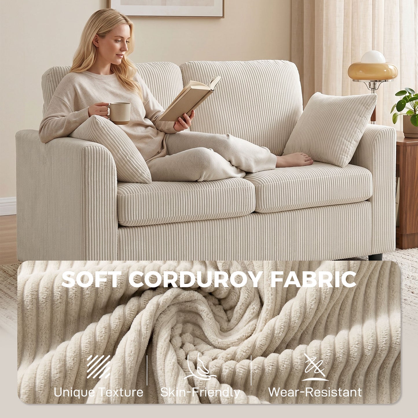 2 Seater Sofa, Corduroy Small Couch with Spring Cushion, Wide and Deep Seat, Beige