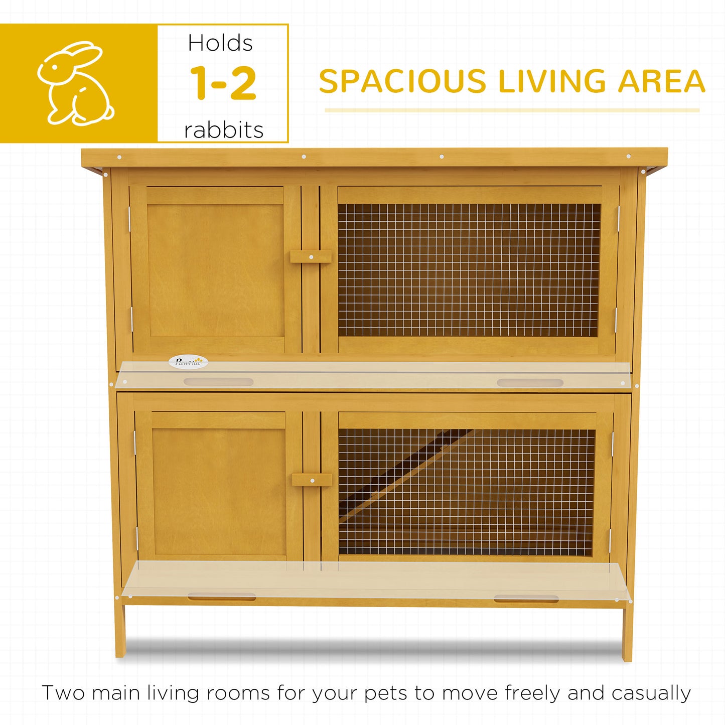 Double Decker Rabbit Hutch 2 Tier Guinea Pig House Pet Cage Outdoor with Sliding-out Tray, 97 x 44 x 91cm, Yellow