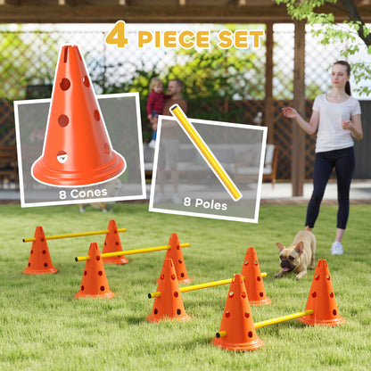 Dog Agility Equipment Set of Eight Cones, Eight Poles w/ Carry Bag, Four-Piece Adjustable Height Jumping Obstacles