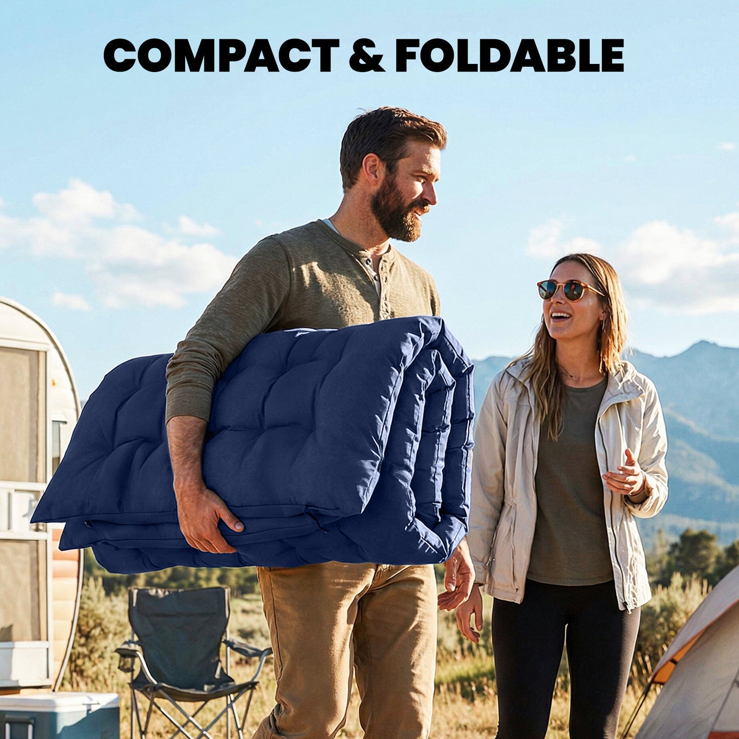 Sleeping Mat, Foldable Camping Mattress Pad with Four Corner Elastic Straps, Dark Blue