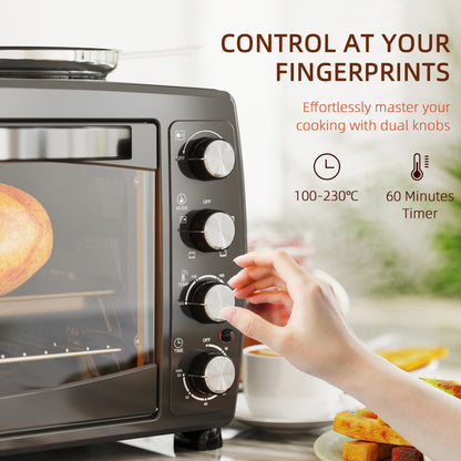 36L Small Oven with 2 Hot Plates, Countertop Toaster Oven, Grill, Roast, Bake, Boil, with Timer, Adjustable Temperature