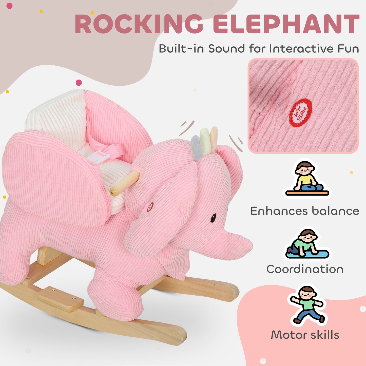Kids Rocking Horse, Baby Ride on Elephant Rocker with Safety Belt and Sound for Toddlers 18 to 36 Months, Pink