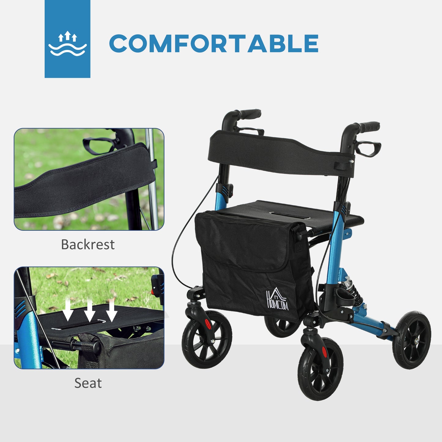 Folding Rollator Walker with Seat, Backrest, Lightweight Walking Frame with Storage Bag, Dual Brakes