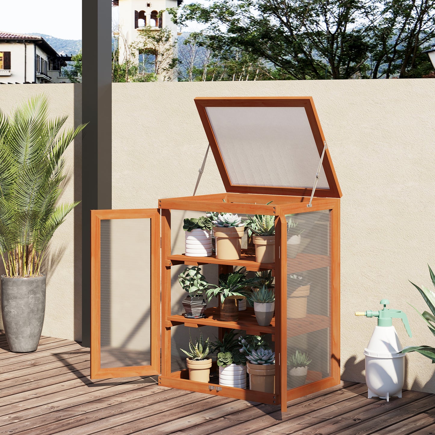 3-tier Wood Greenhouse Garden Polycarbonate Cold Frame Balcony Grow House with Storage Shelf for Plants, Flowers, Orange
