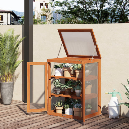 3-tier Wood Greenhouse Garden Polycarbonate Cold Frame Balcony Grow House with Storage Shelf for Plants, Flowers, Orange