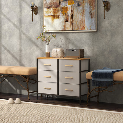 Fabric Chest of Drawers, Industrial Bedroom Dresser with 6 Fabric Drawers, Steel Frame and Wooden Top for Nursery