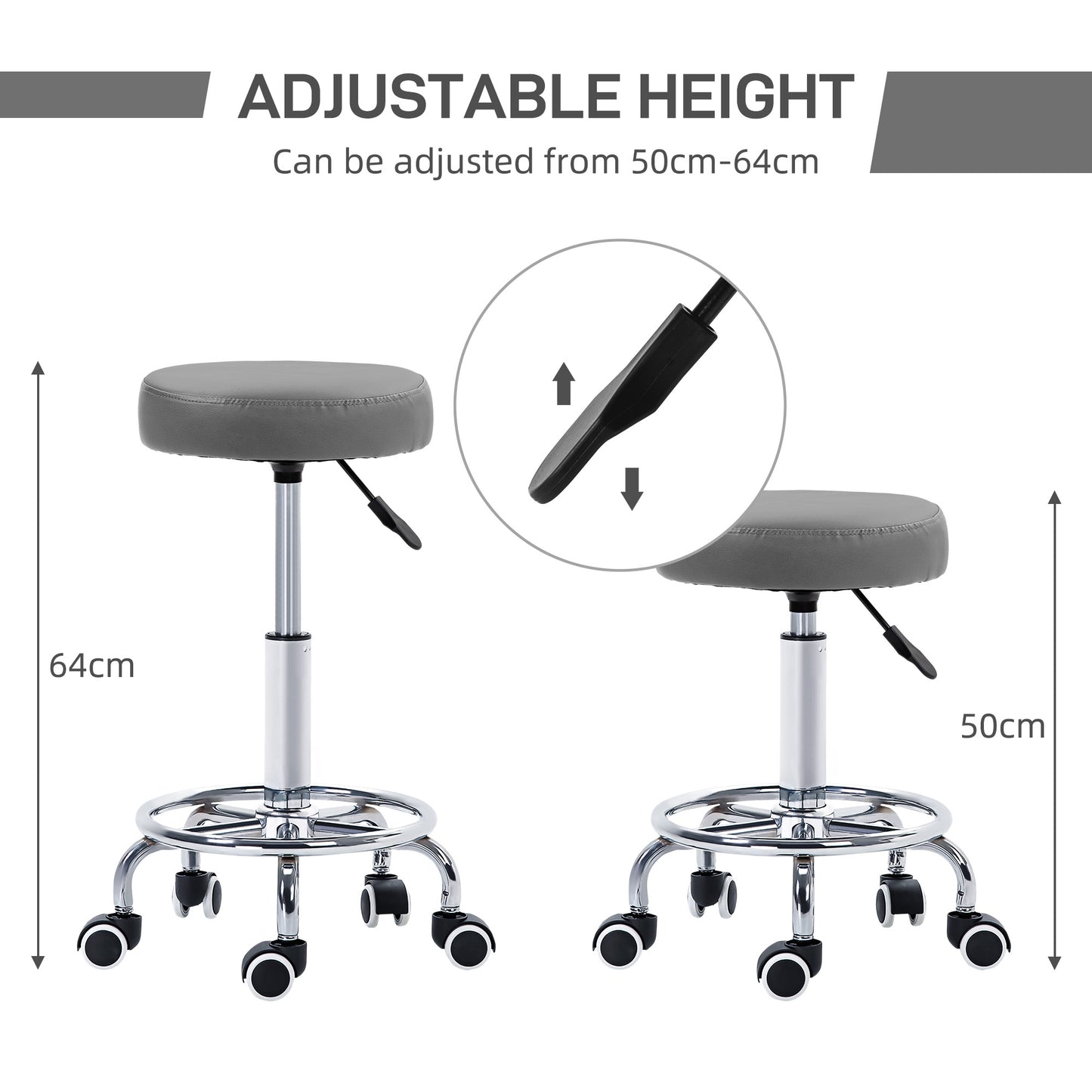 PU Leather Rolling Stool, Height Adjustable Stool Chair with Wheels for Salon, Massage, Spa, Grey