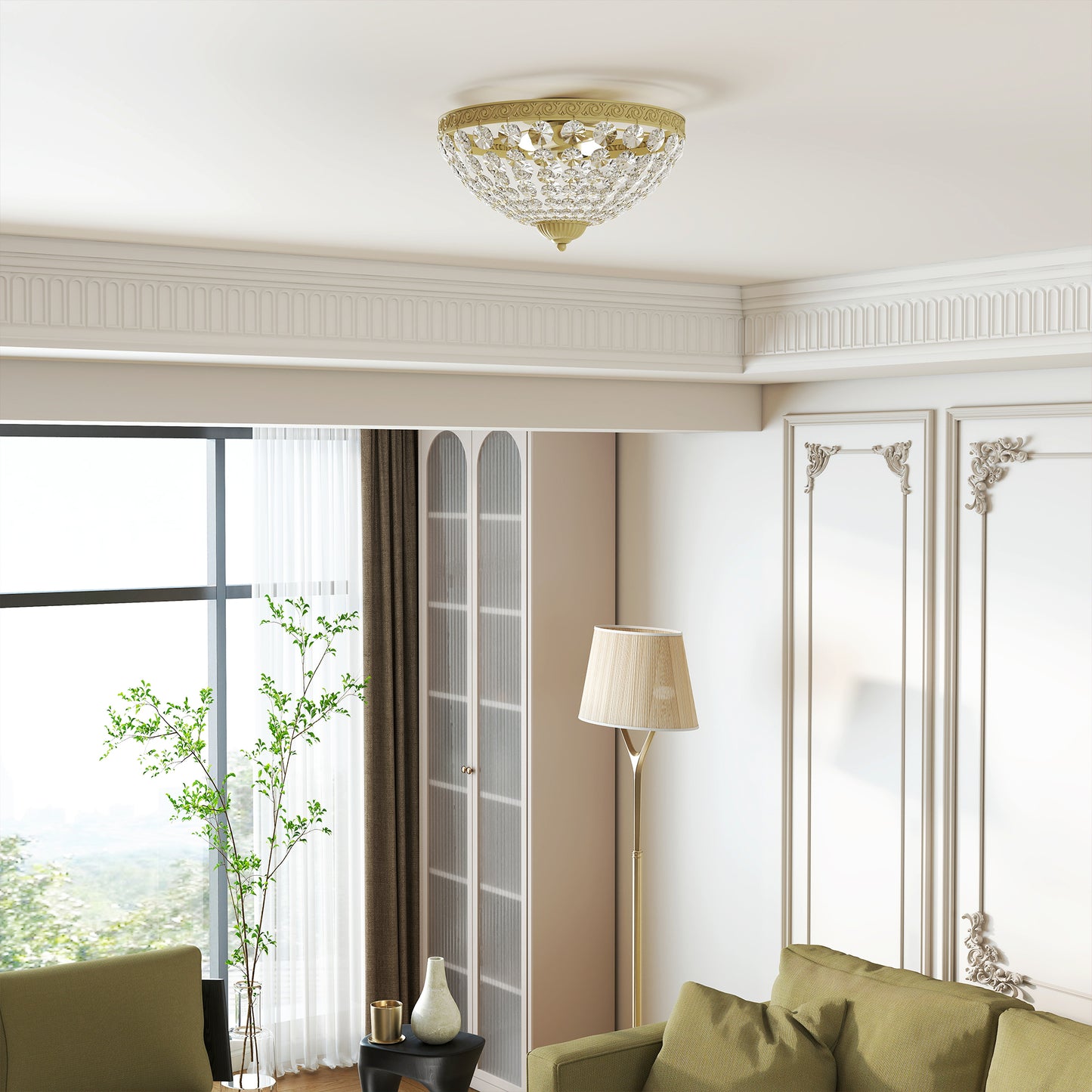 Crystal Chandelier Ceiling Light with 168 Octagonal Beads, Vintage 2-Light Flush Mount Ceiling Light for Living Room