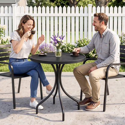 66cm Patio Table, Round Garden Table, Outdoor Side Table with Steel Frame and Slat Tabletop, Black