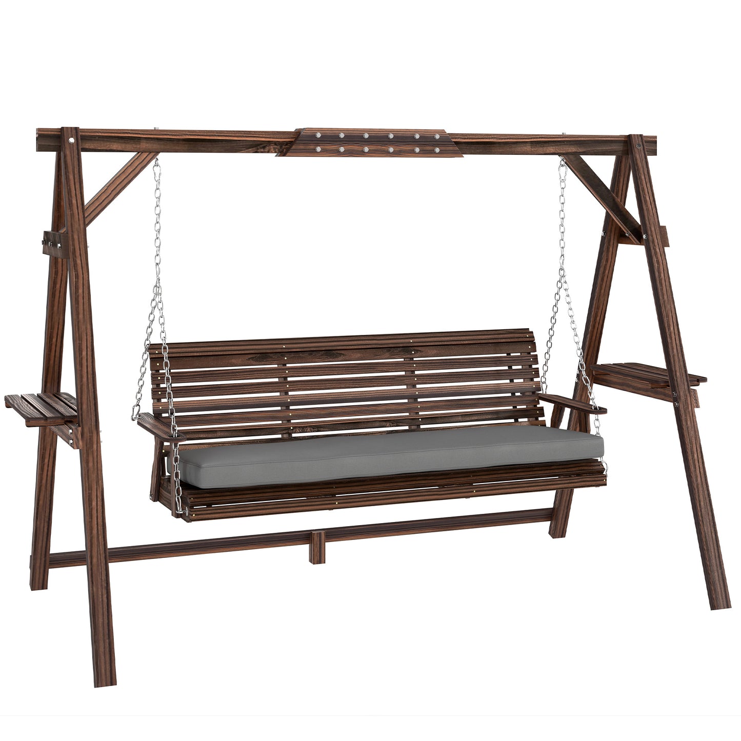 3 Seater Garden Swing Seat, Wooden Swing Chair Bench with Cushion, Side Trays and Metal Chains, for Outdoor Porch Patio