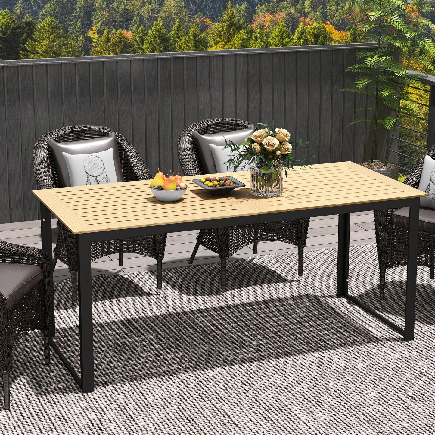 Garden Table for 6 People, 175 x 78 x 75 cm Rectangle Outdoor Dining Table with Slatted Top, Metal Frame, for Balcony, Deck