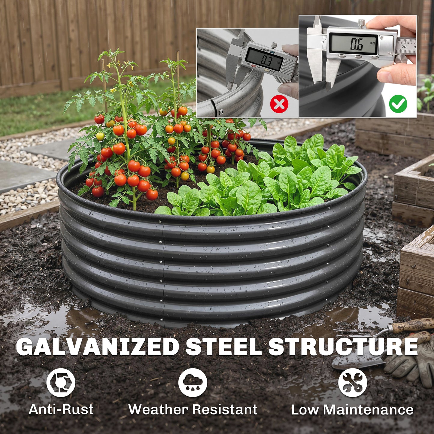Galvanised Raised Garden Bed with Safety Edging, Outdoor Raised Planter Box with Gloves, 120 x 120 x 43cm, Dark Grey
