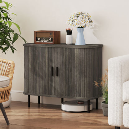 Mid-Century Modern Sideboard Storage Cabinet with Slatted Tambour Sliding Doors, Kitchen Cabinet with Steel Legs, Grey