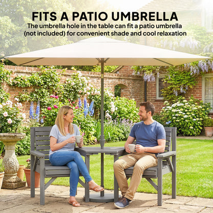 Wooden Garden Bistro Set, 2 Seater Wooden Outdoor Table and Chairs with Parasol Hole for Patio, Light Grey
