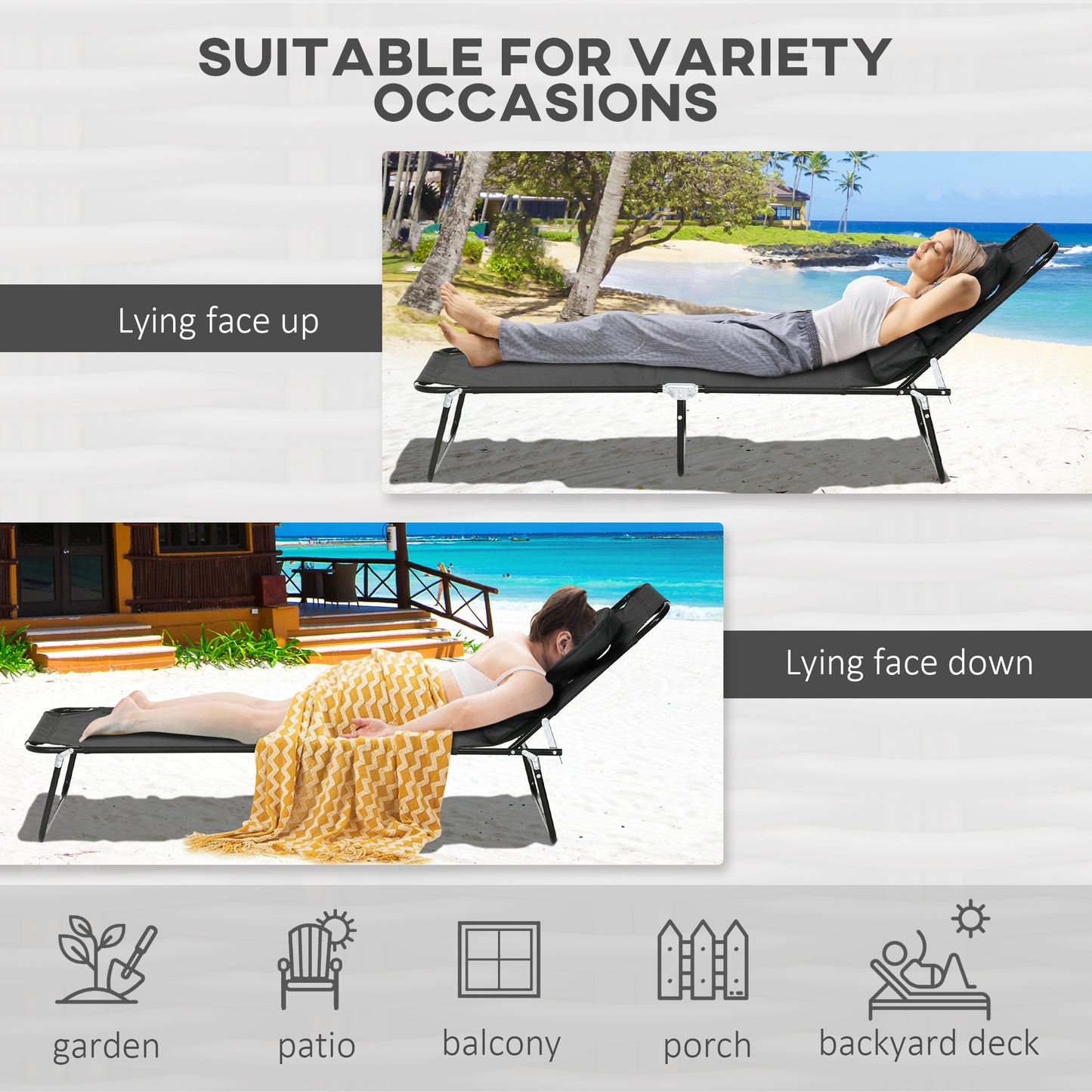 Folding Sun Loungers Set of 2 with Face Hole, 4-Position Adjustable Backrest Garden Recliner Chair Sunbed