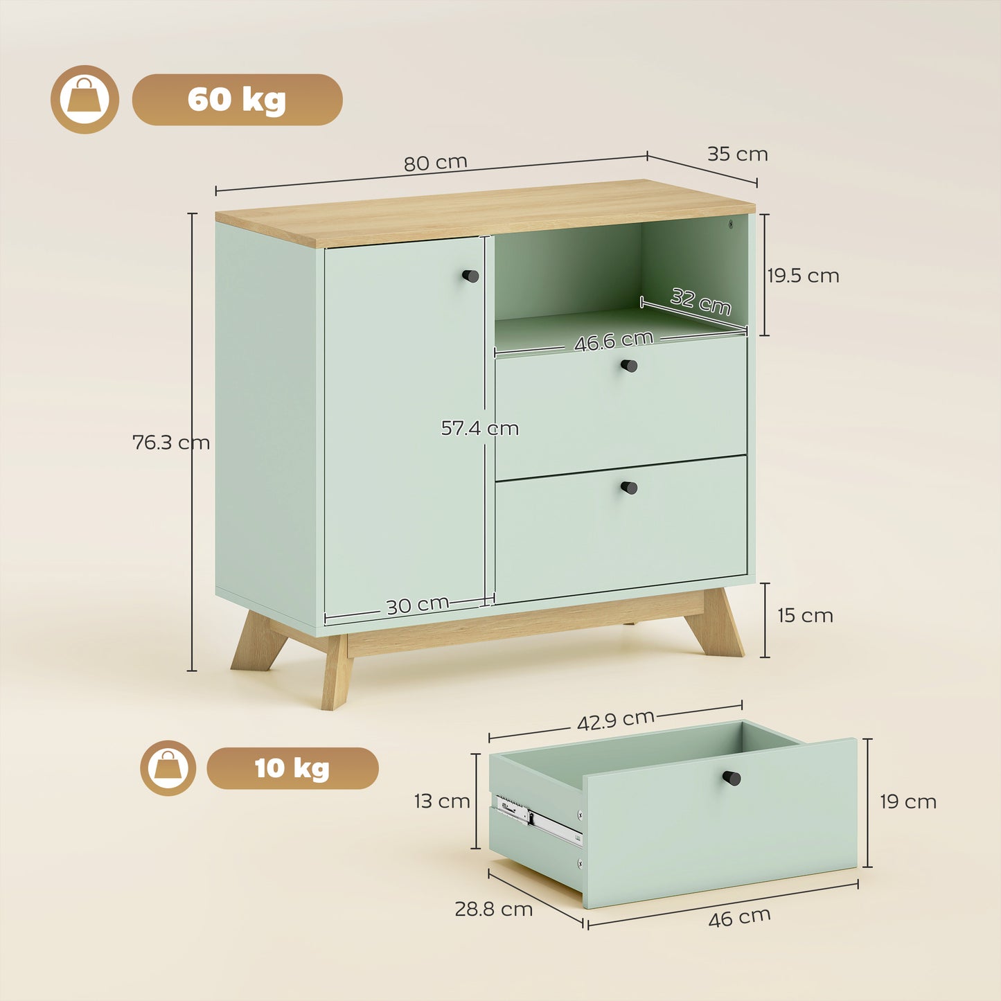 Sideboard Storage Cabinet, 80 cm Buffet Cabinet with 2 Drawers, Open Compartment, Adjustable Shelf, Light Green and Oak