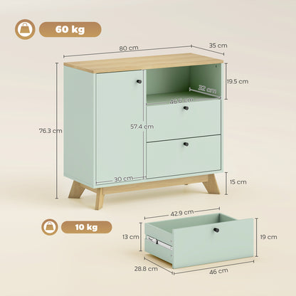 Sideboard Storage Cabinet, 80 cm Buffet Cabinet with 2 Drawers, Open Compartment, Adjustable Shelf, Light Green and Oak