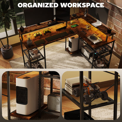 LED Light 'L' Computer Desk, with Shelves - Brown