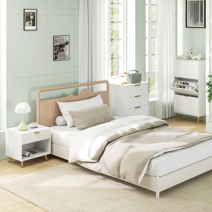 Elegant Bedside Table, with Drawer and Shelf - White/Gold Tone