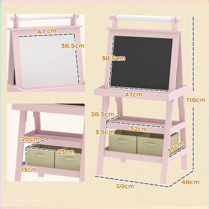 3 in 1 Kids Easel Double-Sided Magnetic Whiteboard and Chalkboard with Paper Roll, Storage Baskets - Pink