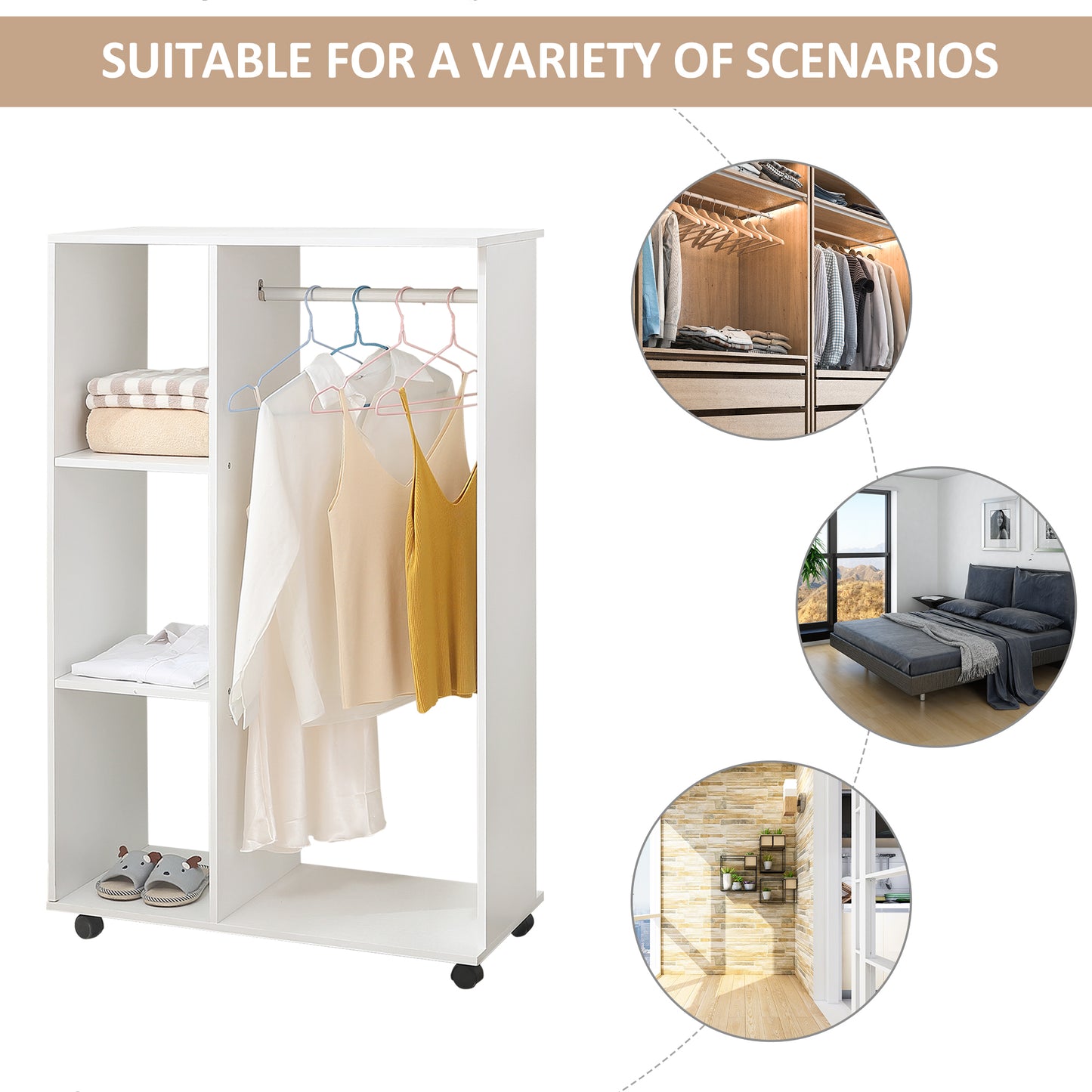 Open Wardrobe on Wheels, Bedroom Wardrobe with Clothes Hanging Rail, 3 Storage Shelves, Mobile Garment Rack for Cloakroom