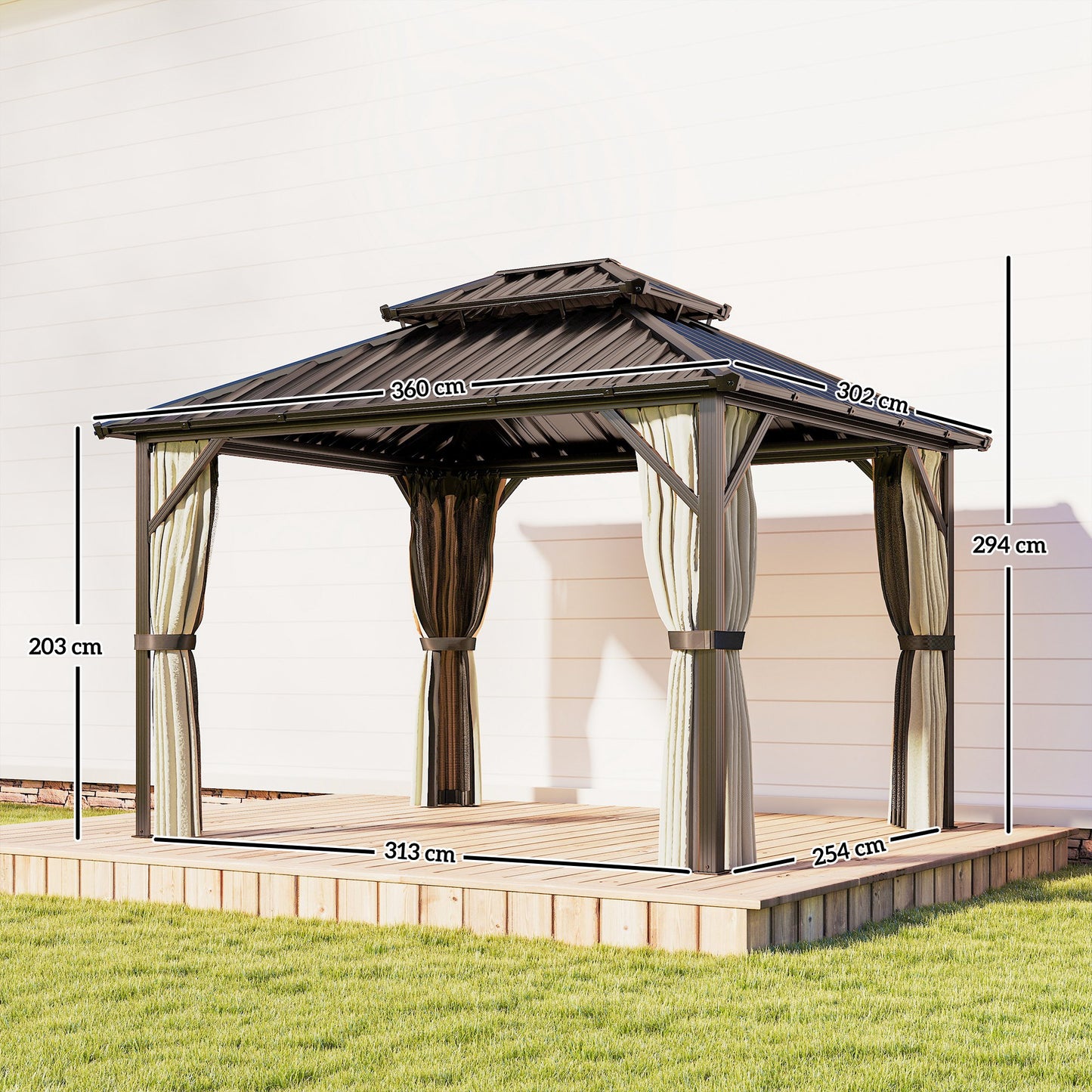 3x3.6 m Hardtop Gazebo Canopy with UPF50+ Double Galvanised Steel Roof, Aluminium Garden Gazebo Permanent Pavilion, Brown