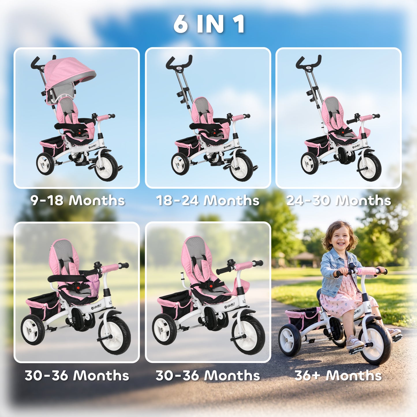 6 in 1 Kids Trike Push Bike w/ Push Handle, Canopy, 5-point Seat Belt, Storage, Footrest, Brake, for 1-5 Years, Pink